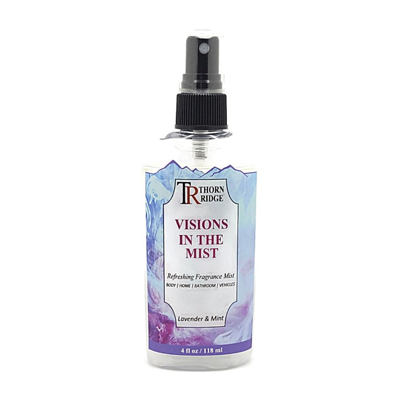 A bottle of Thorn Ridge fragrance mist labeled "Visions In The Mist," described as a lavender and mint scent for body, home, bathroom, and vehicles. 4 fl oz.