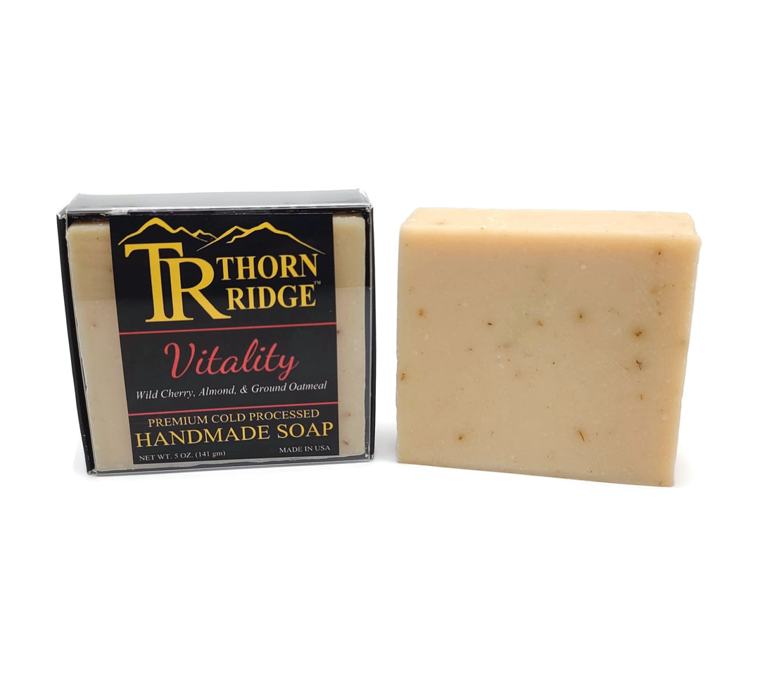 Packaging of Thorn Ridge soap labeled "Vitality," described as wild cherry, almond and ground oatmeal, premium cold processed, handmade, 5 oz. Made in USA.