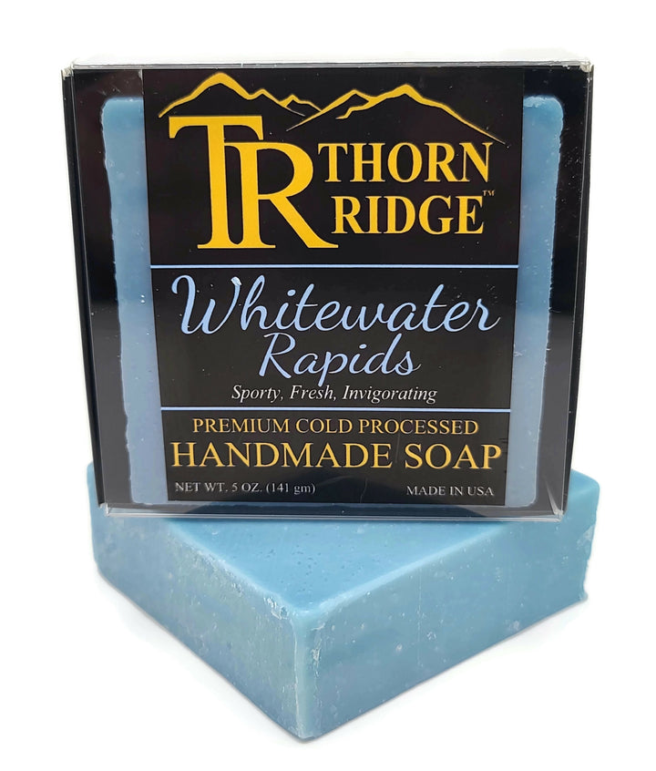 Packaging of Thorn Ridge soap labeled "Whitewater Rapids," described as sporty, fresh, invigorating, premium cold processed, handmade, 5 oz. Made in USA.