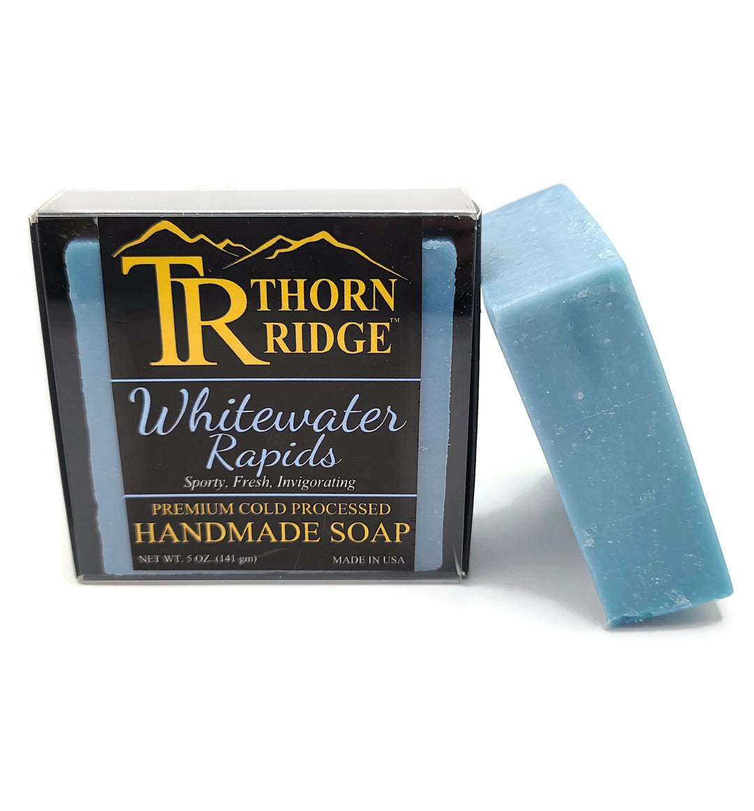 Packaging of Thorn Ridge soap labeled "Whitewater Rapids," described as sporty, fresh, invigorating, premium cold processed, handmade, 5 oz. Made in USA.