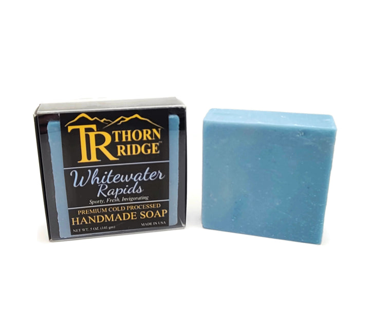 Packaging of Thorn Ridge soap labeled "Whitewater Rapids," described as sporty, fresh, invigorating, premium cold processed, handmade, 5 oz. Made in USA.