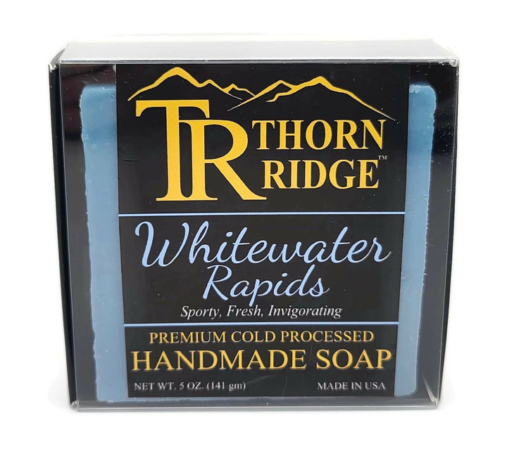 Packaging of Thorn Ridge soap labeled "Whitewater Rapids," described as sporty, fresh, invigorating, premium cold processed, handmade, 5 oz. Made in USA.