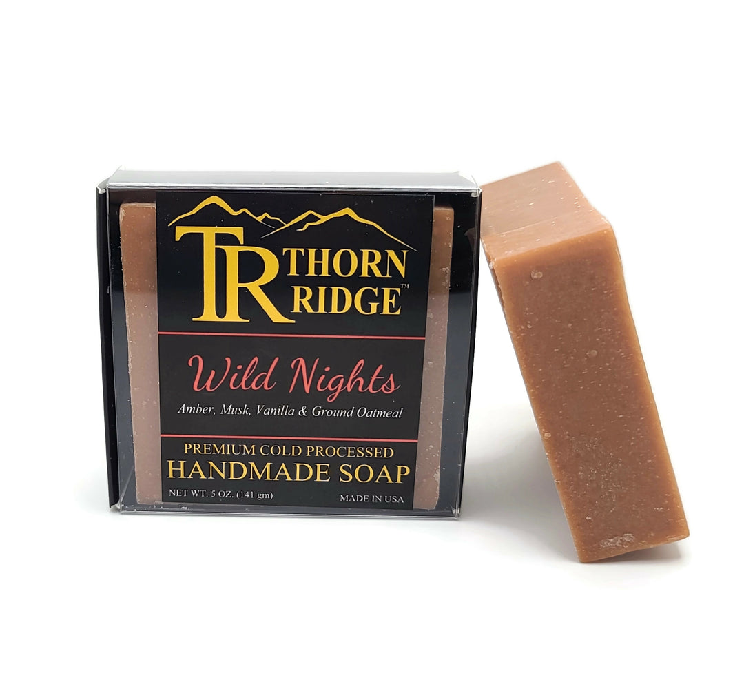 Packaging of Thorn Ridge soap labeled "Wild Nights," described as amber, musk, vanilla, ground oatmeal, premium cold processed, handmade, 5 oz. Made in USA.