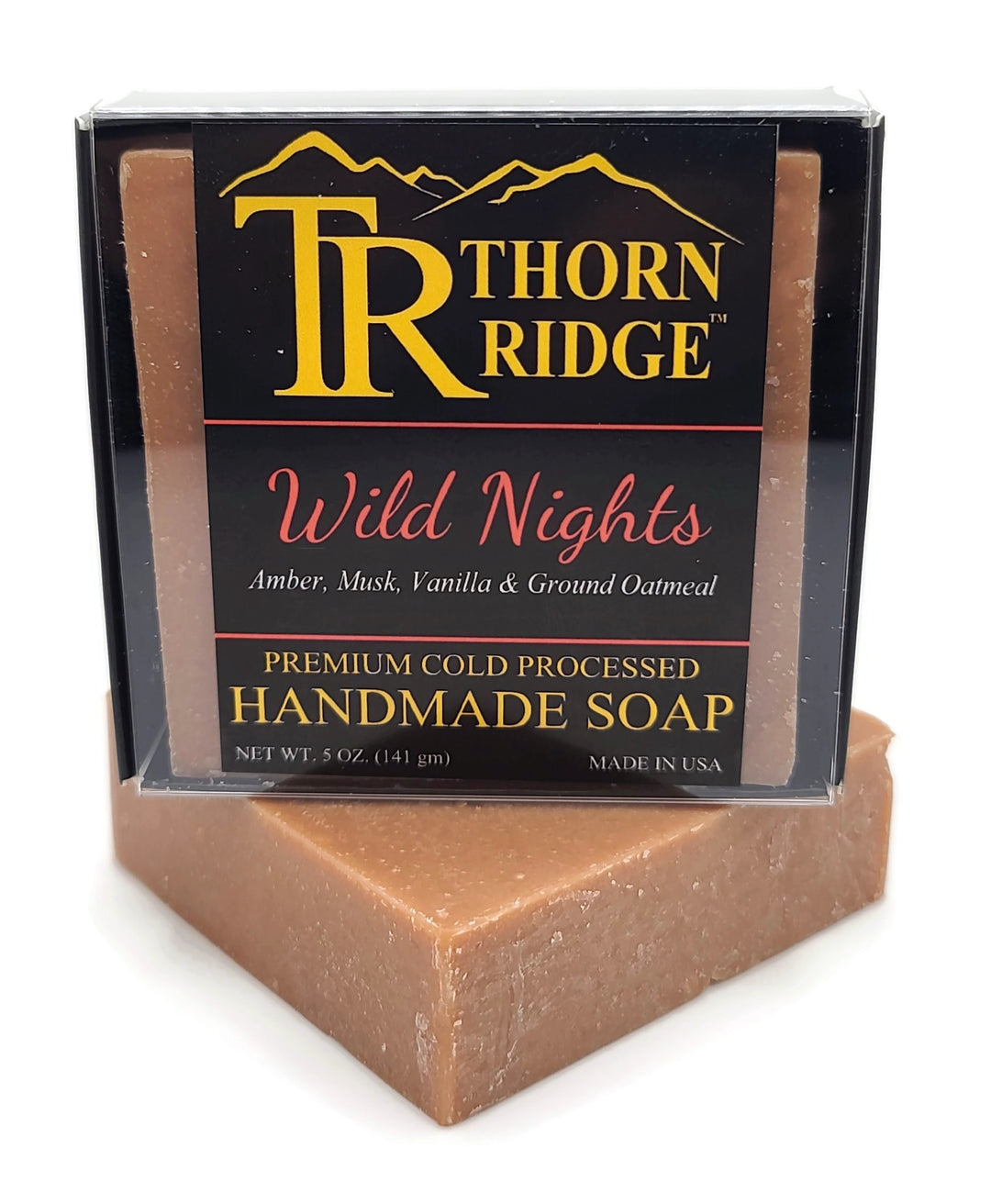 Packaging of Thorn Ridge soap labeled "Wild Nights," described as amber, musk, vanilla, ground oatmeal, premium cold processed, handmade, 5 oz. Made in USA.