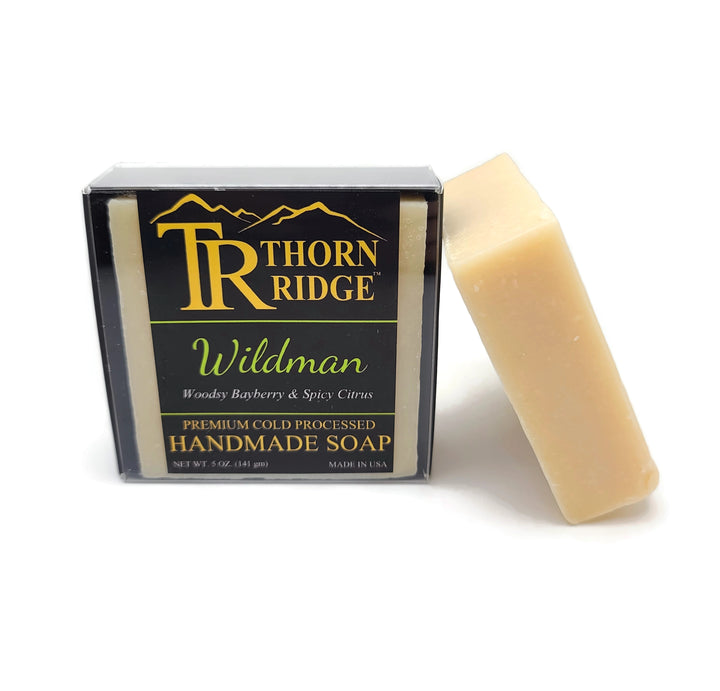 Packaging of Thorn Ridge soap labeled "Wildman," described as woodsy bayberry and spicy citrus, premium cold processed, handmade, 5 oz. Made in USA.