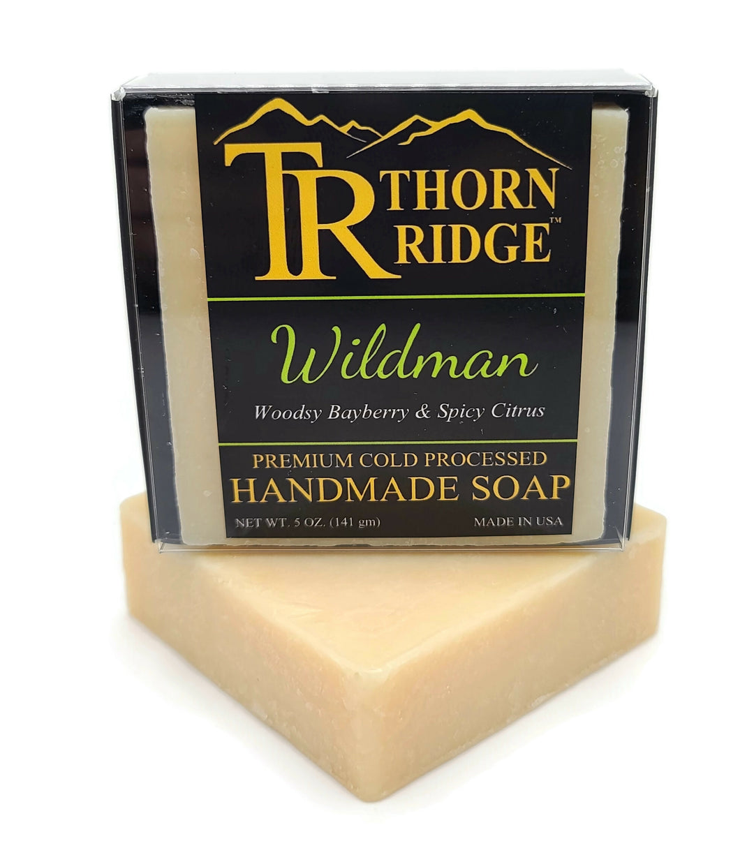 Packaging of Thorn Ridge soap labeled "Wildman," described as woodsy bayberry and spicy citrus, premium cold processed, handmade, 5 oz. Made in USA.