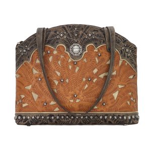 American West Annie's Secret Zip Top Half Moon Tote With Secret Compartment Natural Tan