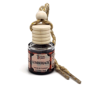 Thorn Ridge Lumberjack® Car Air Freshener Round bottle with wooden top and gold threaded cord.
