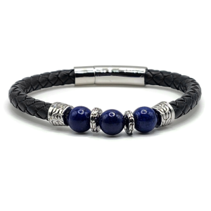 Lapis Lazuli bracelet features a stainless steel clasp, silver accents, and black braided leather.