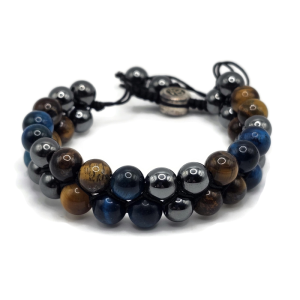 Two Layer Adjustable Magnetic Gemstone Bracelet made with tiger eye, hematite, and blue tiger eye. On an adjustable black cord.