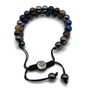 Two Layer Adjustable Magnetic Gemstone Bracelet made with tiger eye, hematite, and blue tiger eye. On an adjustable black cord.