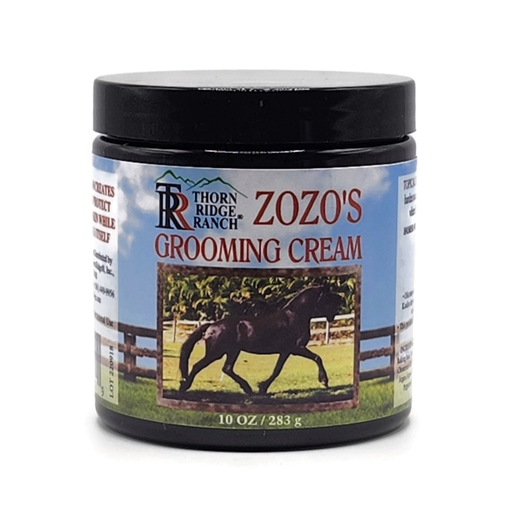 ZoZo's Grooming Cream 10 oz jar with Zoey, a Friesian Mare, on the front.