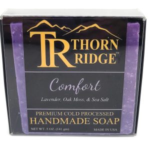 Packaging of Thorn Ridge soap labeled "Comfort," described as lavender, oak moss, sea salt, premium cold processed, handmade, 5 oz. Made in USA.