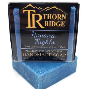 Packaging of Thorn Ridge soap labeled "Havana Nights," described as citrus, jasmine, rose, hyacinth, musk, premium cold processed, handmade, 5 oz. Made in USA.
