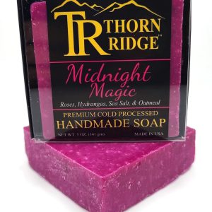 Packaging of Thorn Ridge soap labeled "Midnight Magic," described as roses, hydrangea, sea salt, oatmeal, premium cold processed, handmade, 5 oz. Made in USA.