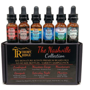 Packaging of Thorn Ridge beard oil gift set labeled "The Nashville Collection," described as six sample size signature scent beard oils, 0.5 oz each, net weight 3 oz. Made in USA.