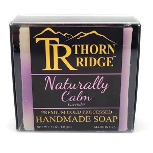 Packaging of Thorn Ridge soap labeled "Naturally Calm," described as lavender, premium cold processed, handmade, 5 oz. Made in USA.