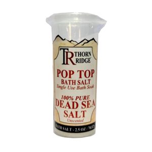 Packaging of Thorn Ridge single use bath tea bag soaks labeled "Pop Top Bath Salt," described as 100% pure dead sea salt. 2.5 oz.