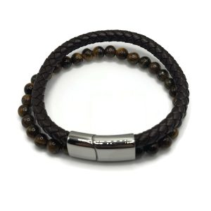 Tiger Eye gemstone and braided black leather double bracelet with a silver slip lock clasp.