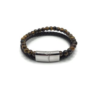 Tiger Eye gemstone and braided black leather double bracelet with a silver slip lock clasp.