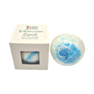 Whitewater Rapids bath bomb front with box packaging.