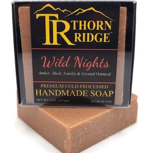 Packaging of Thorn Ridge soap labeled "Wild Nights," described as amber, musk, vanilla, ground oatmeal, premium cold processed, handmade, 5 oz. Made in USA.