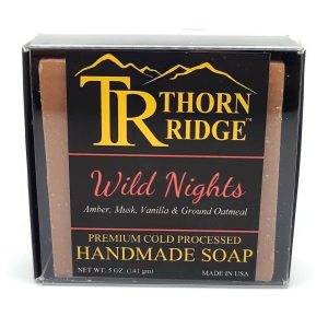 Packaging of Thorn Ridge soap labeled "Wild Nights," described as amber, musk, vanilla, ground oatmeal, premium cold processed, handmade, 5 oz. Made in USA.