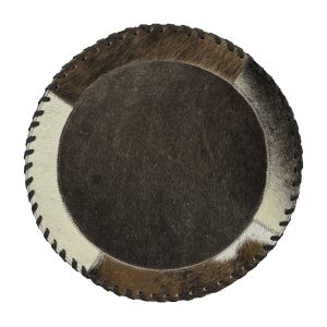 American West at Home Hair‑On Hide 13" Round Placemat with Suede Backing — Brown Center with Tooled Trim