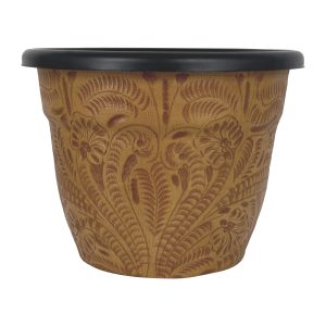 American West at Home Leather‑Wrapped 10" Round Planter with Plastic Insert — Large, Hand‑Tooled Leather