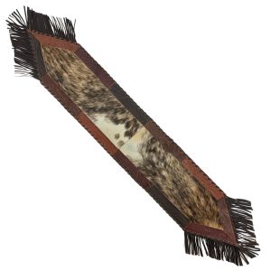 American West at Home 64" Hair‑On Hide Table Runner with Leather Fringe Hand‑Tooled Genuine Leather