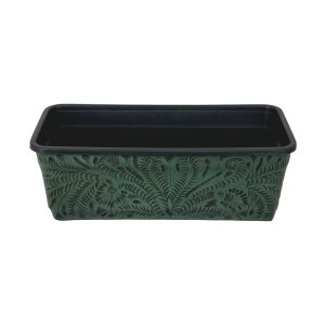 American West at Home Leather‑Accented 14" Rectangle Planter with Plastic Insert — Medium, Hand‑Tooled Leather
